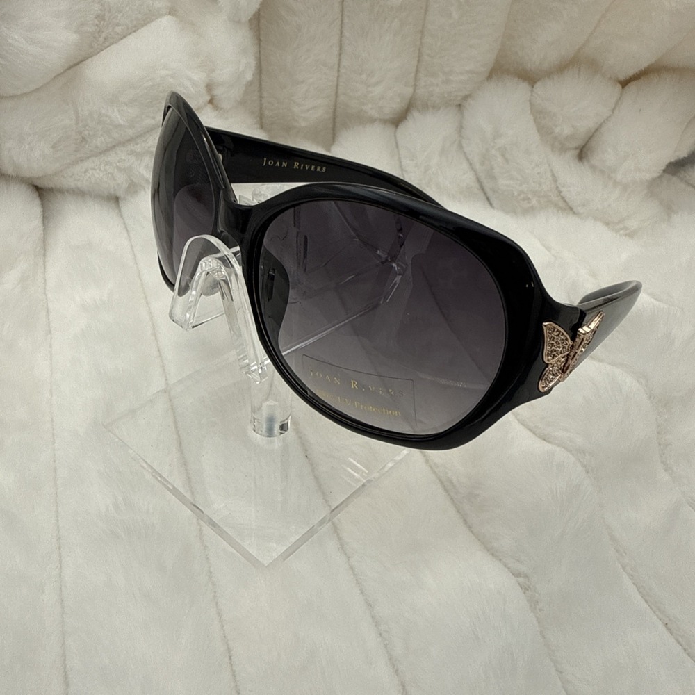 Joan Rivers Black Glamorous Hollywood Star Sunglasses - Gold Butterfly Crystals